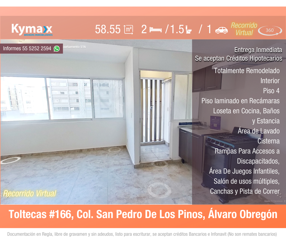 Excelente departamento 58.55 m2 Col. San Pedro de los Pinos, Álvaro Obregón