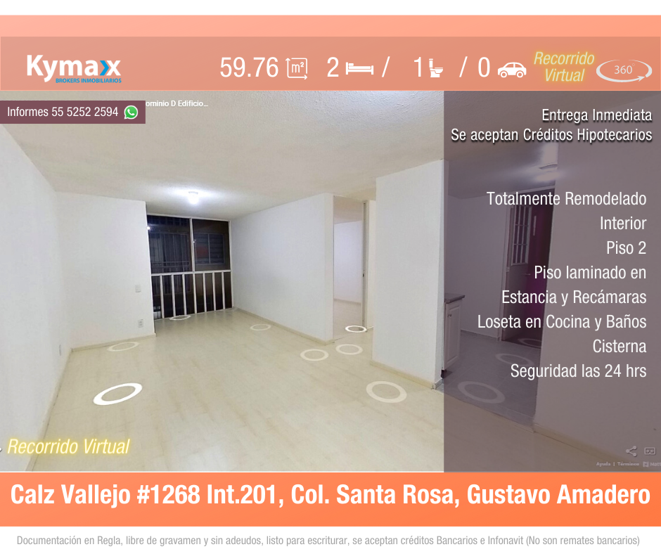 Excelente departamento 59.76 m2 Col. Santa Rosa, Gustavo Amadero