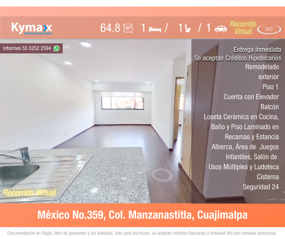 Excelente departamento 64.8 m2 Col. Manzanastitla, Cuajimalpa