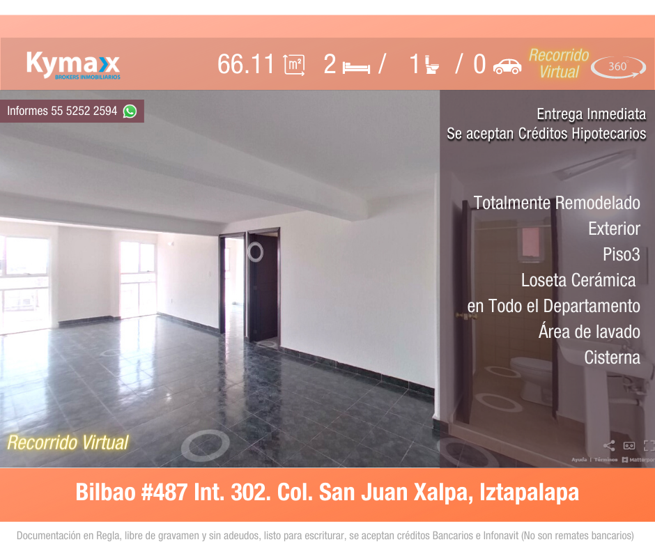 Excelente departamento 66.11 m2 Col. San Juan Xalpa, Iztapalapa